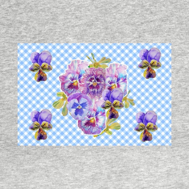 Shabby Chic Blue Gingham Purple Pansy Pattern by SarahRajkotwala